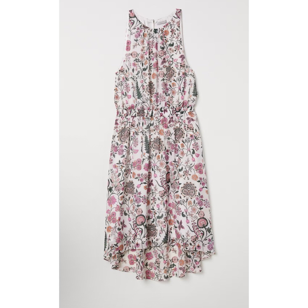 NWT H&M Pink Floral Fit Flare Midi Dress Sleeveless Womens 2 High Neck HiLo Hem